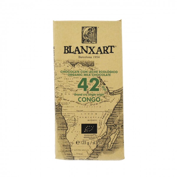 Chocolate ecológico con leche Grand Cru single origin Congo 42% Bio-Milchschokolade aus Fair-Trad